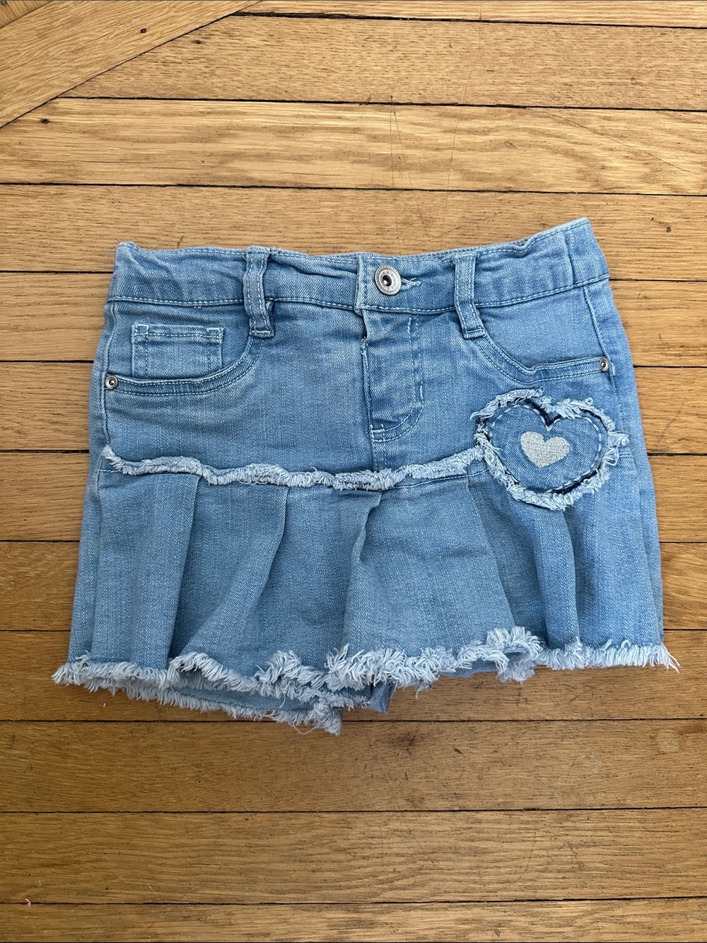 Squeeze Light Blue Denim girls Skort with Frayed Heart